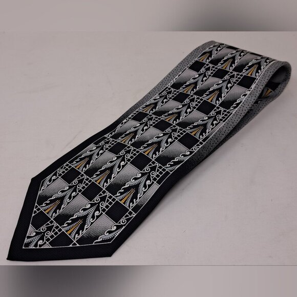 Lou Myles Men's Tie Vintage 70s 80s Art Deco Black Gray Yellow WIDE 4" x 56" - Picture 3 of 8